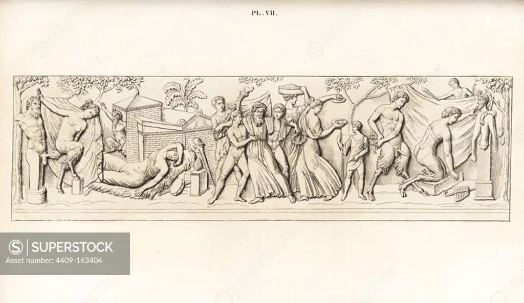 Marble bas-relief of a Bacchanalia. A drunken orgy with Silenus, Bacchantes, phallophore, Cupid, satyrs and a statue of Priapus-Hermes. Handcoloured lithograph from Cesar Famin's "Musee royal de Naples (The Royal Museum at Naples)," Abel Ledoux, Paris, 1836. This rare volume is a catalog of the collection of erotic paintings, bronzes and statues excavated in Pompeii and Herculaneum and stored in a Secret Cabinet at Naples.