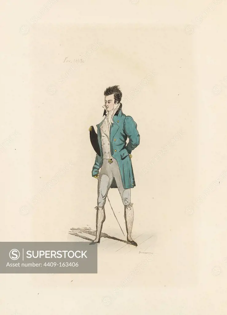 English man in the fashion of February 1805. He wears his hair in the Charles 12 hairstyle, short tailed coat, waistcoat, cravat, seagreen breeches, net stockings. He carries a stick and bicorn. Chevelure a la Charles 12, culotte vert d'eau, bas a mailles coulees. Handcoloured illustration by Horace Vernet, etching by Auguste Etienne Guillaumot Jr. from "English Costumes during the Revolution and First Empire, 1795-1806," Levy, Paris, 1879.
