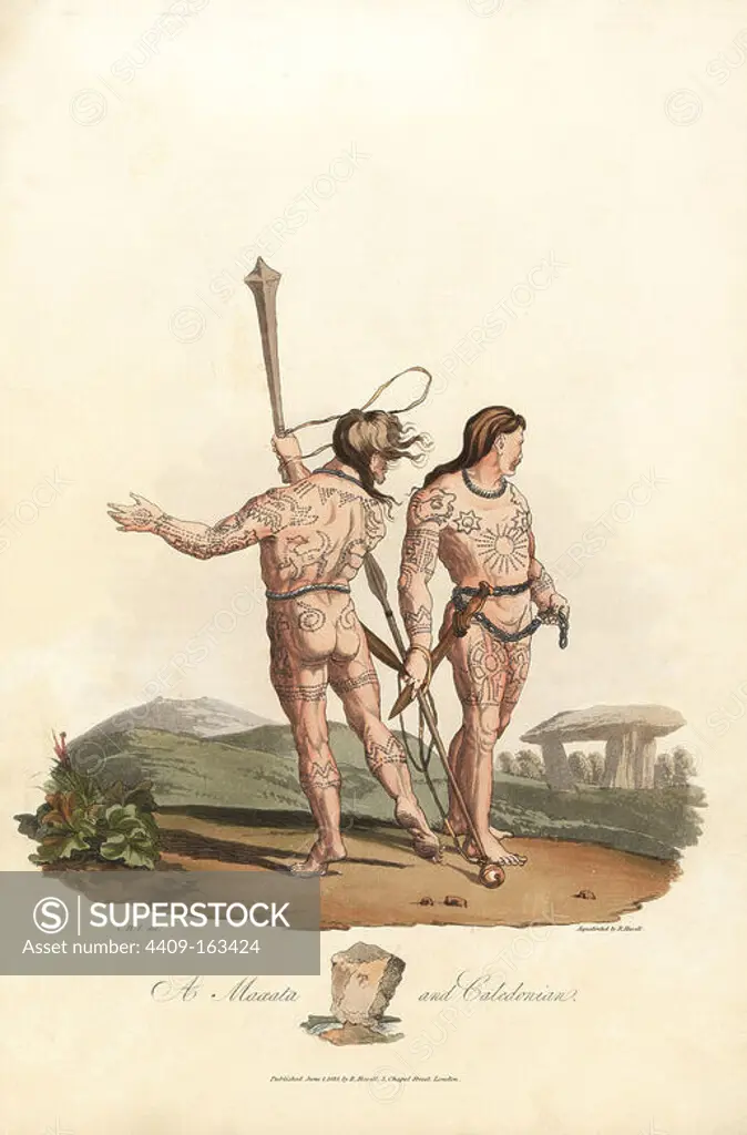 Maaeata and Caledonian men, inhabitants of the plains and forests of North Britain, pre-Roman era. The Catini man on the left carries a cat, a club with four spikes. The Caledonian holds an aseth (spear). Both are covered in blue woad tattoos. Handcoloured aquatint by R. Havell from an illustration by Charles Hamilton Smith from Samuel Meyrick's Costume of the Original Inhabitants of the British Islands, London, 1821.