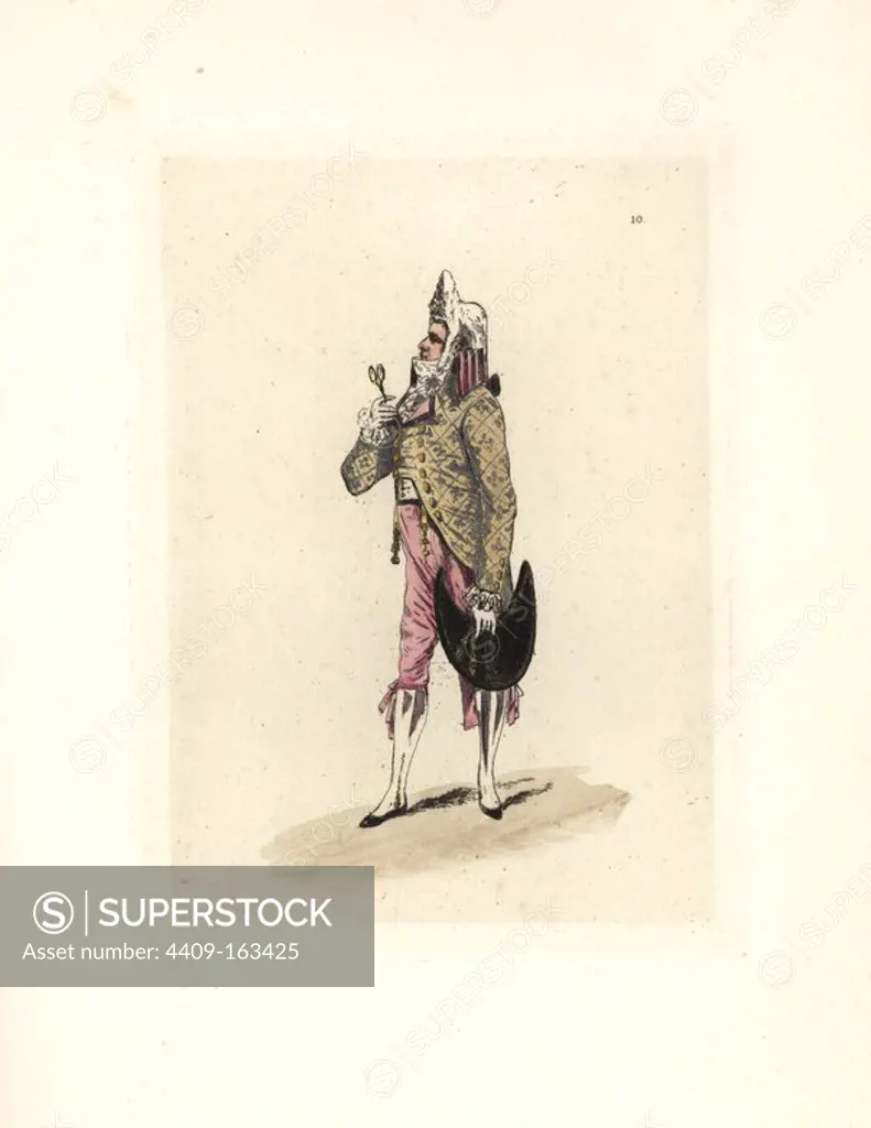 Costume of Desgouttieres, Secretary of the Directory and fashion leader in wigs. He wears a pyramid wig, high collar shirt and coat, breeches and stockings. He carries a claque (cocked hat) and glasses. Handcoloured etching by Auguste Etienne Guillaumot Jr. from "Costumes of the Directory," Rouquette, Paris, 1875. The etchings were made from designs by Eugene Lacoste and Draner after prints of the era 1795-99. The costumes are from theatre productions "Merveilleuses" and "Pres Saint-Gervais" by Victorien Sardou.
