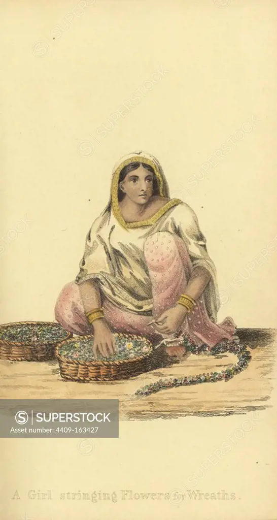 Indian girl stringing flowers for wreaths. Handcoloured copperplate engraving by an unknown artist from "Asiatic Costumes," Ackermann, London, 1828.