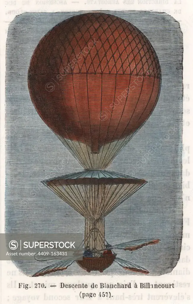 Descent of Jean-Pierre Blanchard's balloon at Billancourt, 2 March 1784. Blanchard added flapping wings to his balloon in an attempt to drive it. Handcolored engraving from Louis Figuier's "Les Merveilles de la Science: Les Aerostats," Paris, 1876.