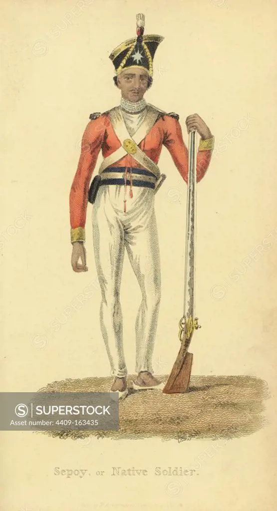 Sepoy, sipahee or native soldier, in winter uniform of red jacket and grey trousers, holding a musket. Handcoloured copperplate engraving by an unknown artist from "Asiatic Costumes," Ackermann, London, 1828.