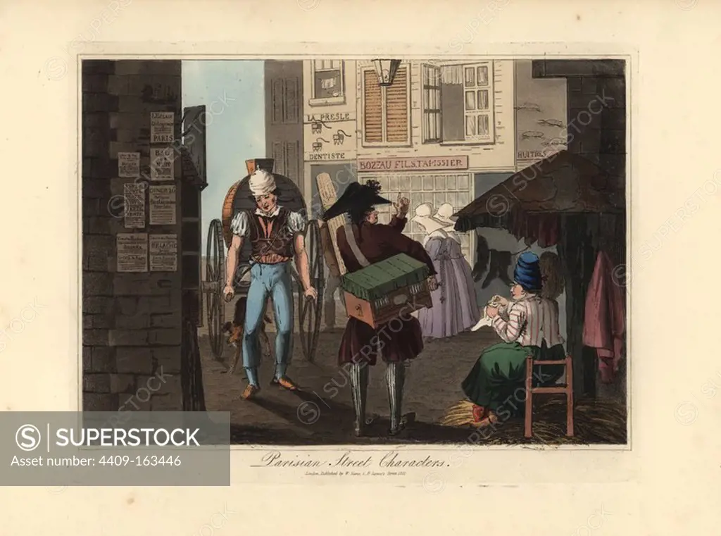 A water carrier with his barrel, an organ grinder, a stocking mender at her stall, and two nuns of the Sisters of Charity. Handcoloured aquatint engraving after an illustration credited to Victor Auver from "A Tour through Paris," William Sams, London, 1825. Illustration copied from Richard Peake's "French Characteristic Costumes," 1819.