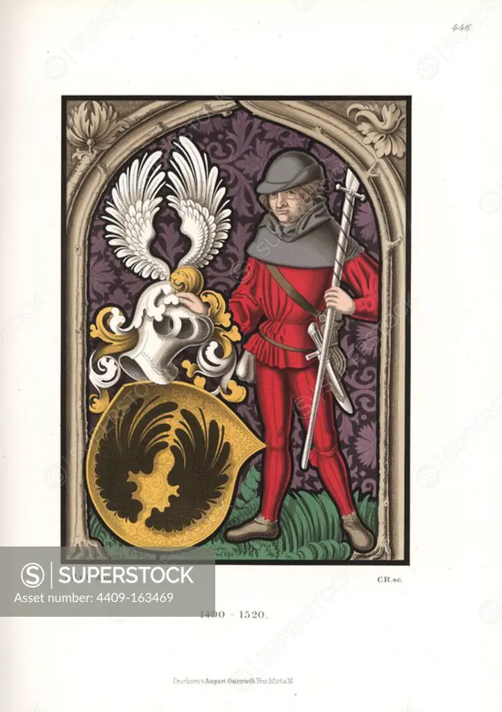 Stained glass portrait of man in German hunting costume, 1490-1520, as shield bearer to coat of arms and helmet, from Nilkheim bei Aschaffenburg. Chromolithograph from Hefner-Alteneck's "Costumes, Artworks and Appliances from the Middle Ages to the 17th Century," Frankfurt, 1889. Illustration by Dr. Jakob Heinrich von Hefner-Alteneck, lithographed by C. Regnier. Dr. Hefner-Alteneck (1811 - 1903) was a German museum curator, archaeologist, art historian, illustrator and etcher.