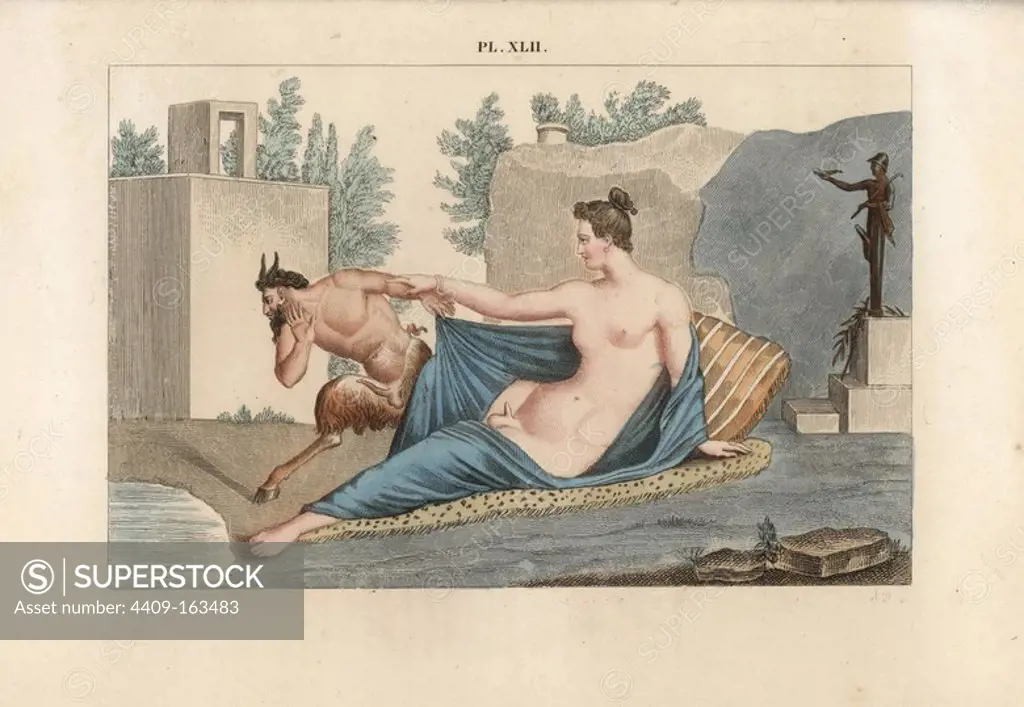 Fresco from Pompeii: a lascivious satyr gets a shock when he peeps at a sleeping beauty and discovers her a hermaphrodite. In the background is a statue of Hermes in petasus (sun hat), with drinking horn and pedum (crook). Handcoloured lithograph by A. Delvaux from Cesar Famin's "Musee royal de Naples (The Royal Museum at Naples)," Abel Ledoux, Paris, 1836. This rare volume is a catalog of the collection of erotic paintings, bronzes and statues excavated in Pompeii and Herculaneum and stored in a Secret Cabinet at Naples.