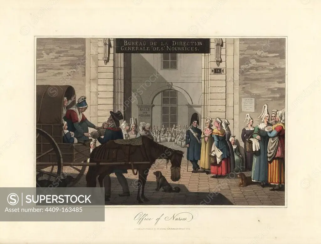A coach brings women from the countryside to the office of wetnurses in Paris, where they will breastfeed babies for payment. Handcoloured aquatint engraving after an illustration credited to Victor Auver from "A Tour through Paris," William Sams, London, 1825.