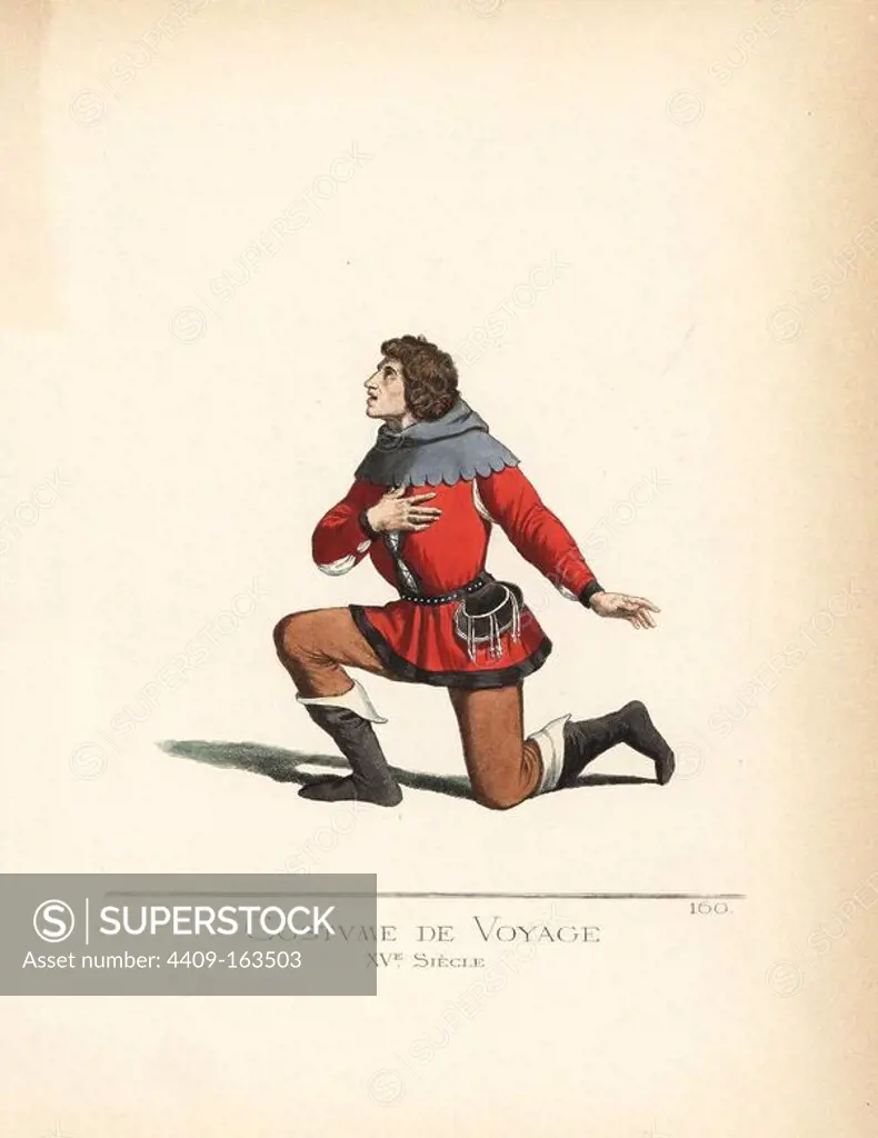 Male travel costume, 15th century. He wears a grey hood, scarlet doublet edged in black, belt and black purse in leather, breeches and boots. From a painting by an unknown artist in Brera Art Gallery, Milan. Handcoloured illustration drawn and lithographed by Paul Mercuri with text by Camille Bonnard from "Historical Costumes from the 12th to 15th Centuries," Levy Fils, Paris, 1861.
