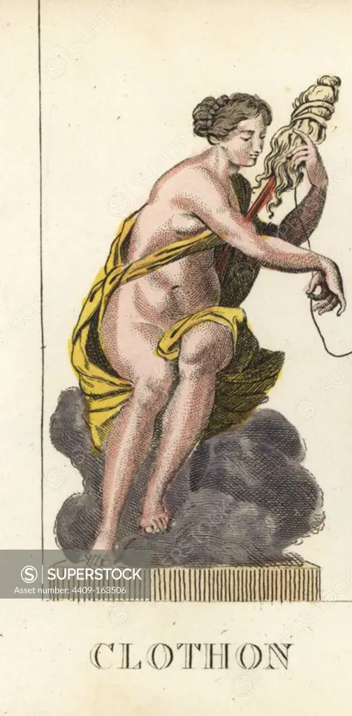 Clotho, one of the Greek Fates or Moirai, spinning the thread of human life on her spindle. Handcoloured copperplate engraving engraved by Jacques Louis Constant Lacerf after illustrations by Leonard Defraine from "La Mythologie en Estampes" (Mythology in Prints, or Figures of Fabled Gods), Chez P. Blanchard, Paris, c.1820.