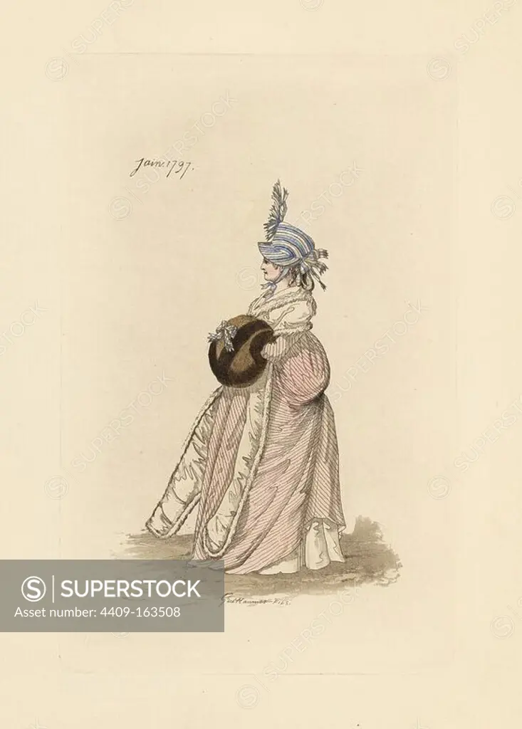 English woman in the fashion of June 1797. She wears a striped, peaked hat, long fur-trimmed stole over a pink dress, white petticoats, and fur muff with bow. Handcoloured etching by Auguste Etienne Guillaumot Jr. from "English Costumes during the Revolution and First Empire, 1795-1806," Levy, Paris, 1879.