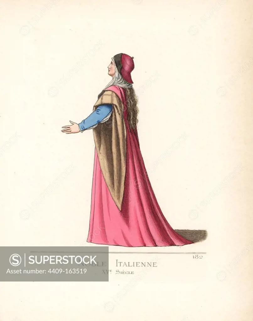 Noblewoman of Italy, 15th century. She wears a crimson velvet bonnet with black lining, crimson silk simar with huge fur-lined sleeves, and blue velvet dress. It shows that the fashion has barely changed in over a century. From a miniature in the Duke of Urbino's Bible in the Vatican library. Handcoloured illustration drawn and lithographed by Paul Mercuri with text by Camille Bonnard from "Historical Costumes from the 12th to 15th Centuries," Levy Fils, Paris, 1861.