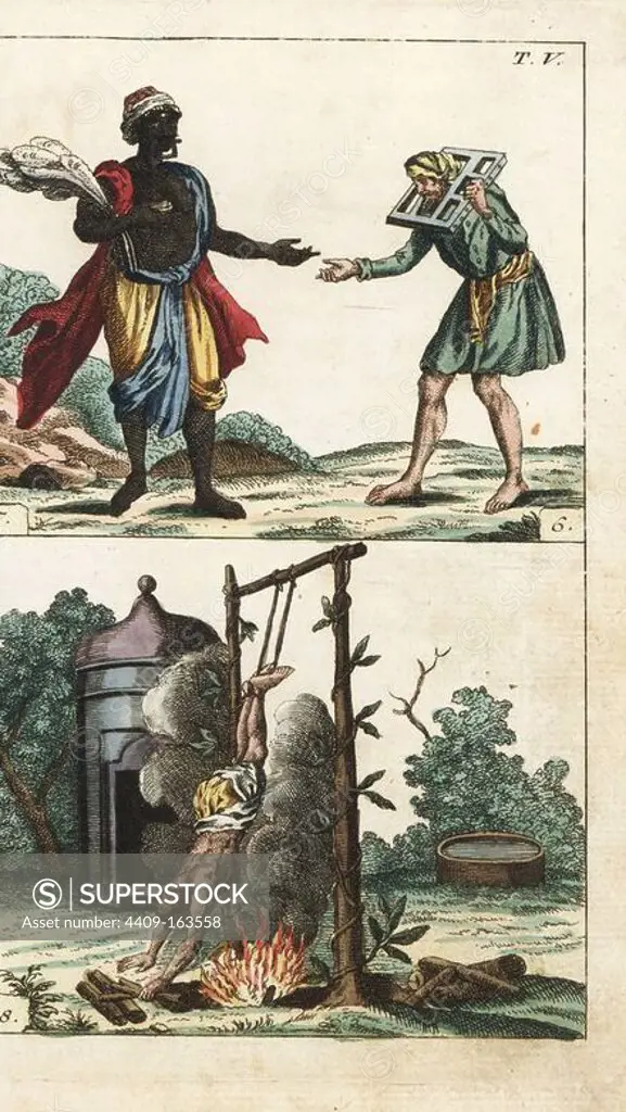 Punishments: African man wearing a jaw-and-tongue iron, a man wearing a heavy 24lb collar, and an Indian Brahmin suspended over a fire. Handcolored copperplate engraving from G. T. Wilhelm's "Encyclopedia of Natural History: Mankind," Augsburg, 1804. Gottlieb Tobias Wilhelm (1758-1811) was a Bavarian clergyman and naturalist known as the German Buffon.