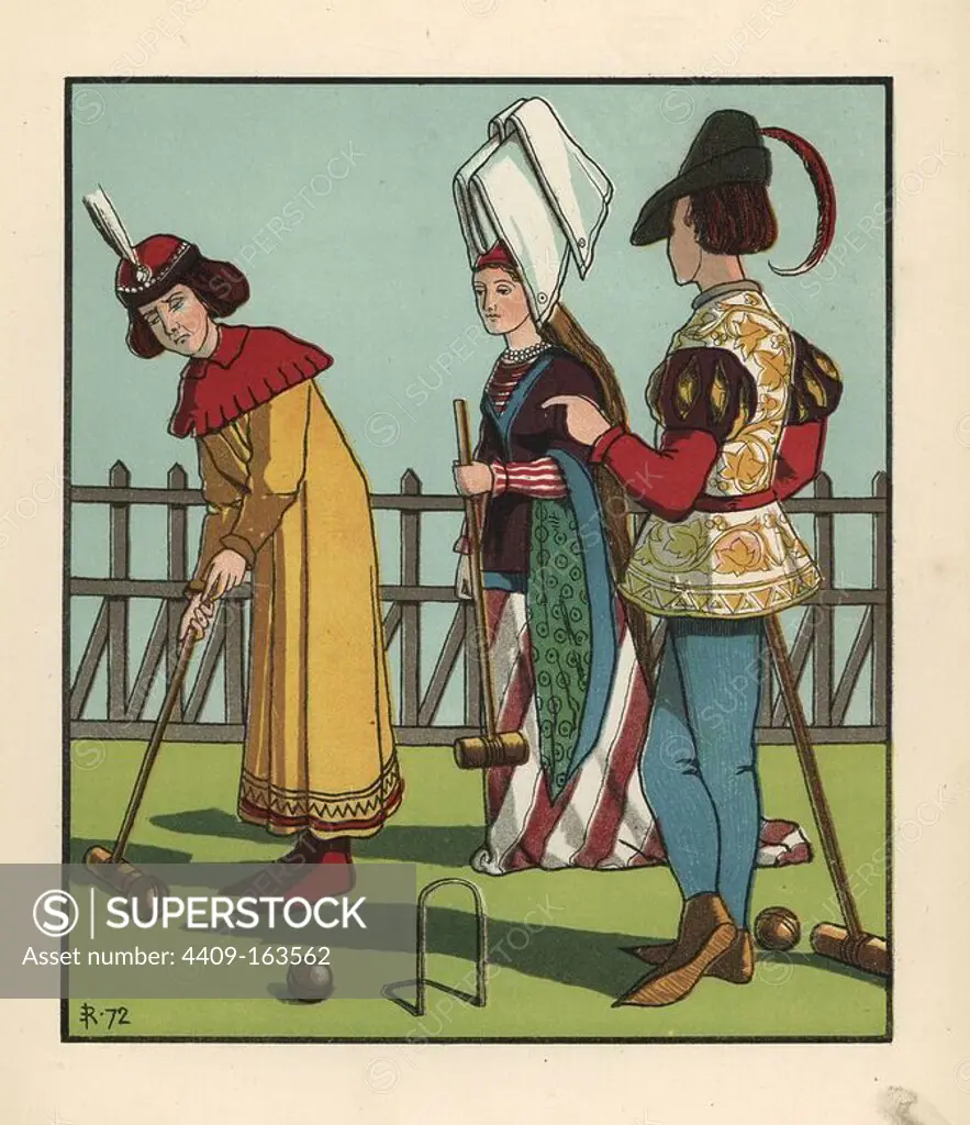 Medieval men and woman playing a game of croquet with mallet and hoops. (Pall mall was invented in the 16th century.) Handcoloured lithograph after an illustration by J. E. Rogers from Francis Cowley Burnand's "Present Pastimes of Merrie England, Cassell, London, 1873.