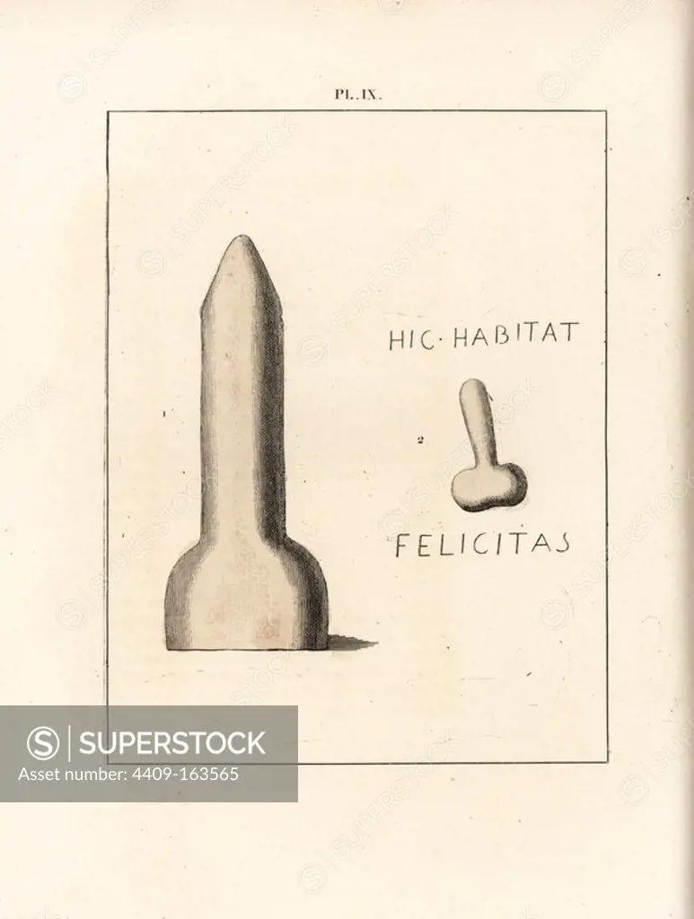 Phallic sculptures from Pompeii. A stone statue of Priapus, and another with the inscription Hic habitat felicitas (here happiness dwells) found outside a bakery. Handcoloured lithograph from Cesar Famin's "Musee royal de Naples (The Royal Museum at Naples)," Abel Ledoux, Paris, 1836. This rare volume is a catalog of the collection of erotic paintings, bronzes and statues excavated in Pompeii and Herculaneum and stored in a Secret Cabinet at Naples.