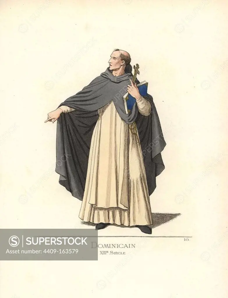 Munio of Zamora, Dominican monk, 13th century. He wears a vestment of cape, scapular, tunic and shoes. From a mosaic gravestone to Munio of Zamora, seventh Master of the Order of Preachers, in the church of Santa Sabina in Rome. Handcoloured illustration drawn and lithographed by Paul Mercuri with text by Camille Bonnard from "Historical Costumes from the 12th to 15th Centuries," Levy Fils, Paris, 1860.