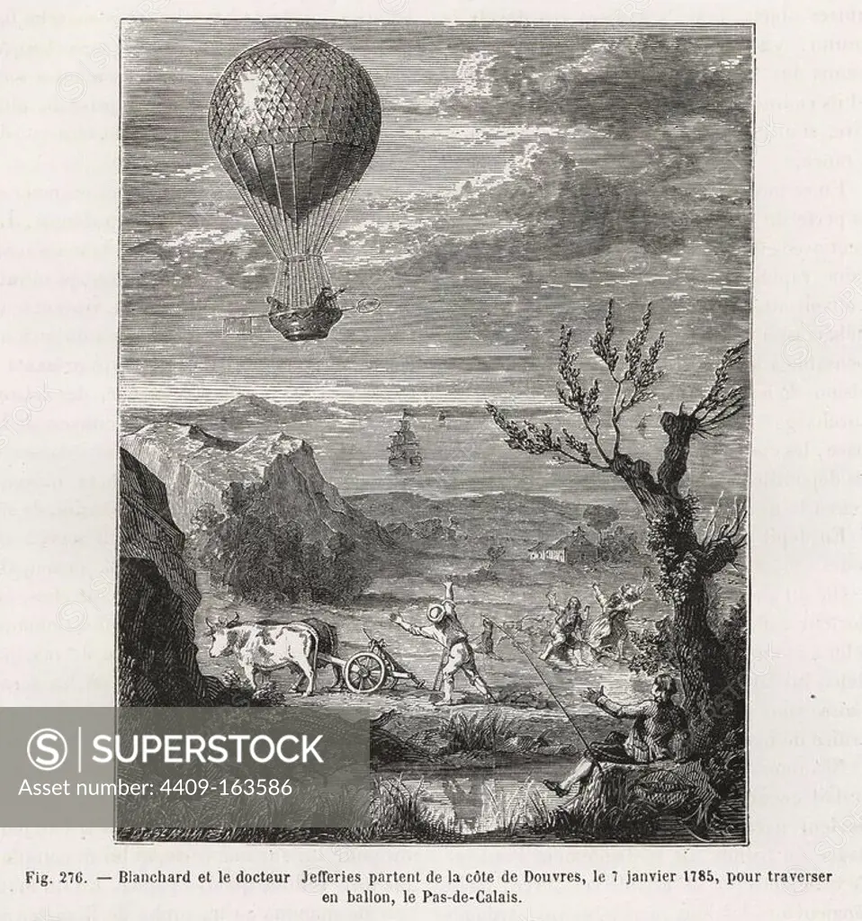Jean-Pierre Blanchard and the American Dr. John Jeffries on their cross-channel balloon flight from Dover to Calais, January 1785. Woodblock engraving by Mes after E. Deschamps from Louis Figuier's "Les Merveilles de la Science: Aerostats" (Marvels of Science: Air Balloons), Furne, Jouvet et Cie, Paris, 1868.