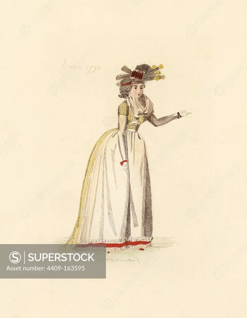 French woman wearing the fashion of April 1792. She wears a hat with flowers and feathers, wig, fichu (neckerchief), striped redingote and petticoat with ribbon hem. Handcoloured etching by Auguste Etienne Guillaumot Jr. from "Costumes of the French Revolution, 1790-1793," Bouton, New York, 1889. From the collection of contemporary costume prints of Victorien Sardou.