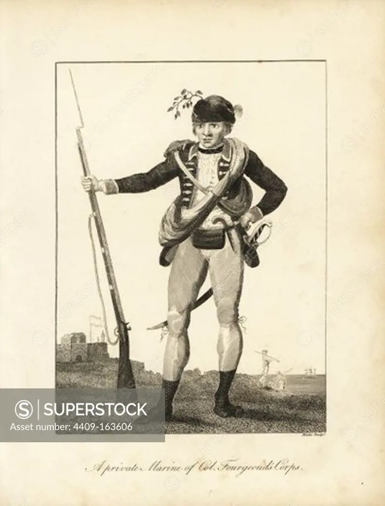 A private Marine of Col. Fourgeoud's Corps. He wears a jacket with frogging, breeches and boots, carries a musket, sabre and pistol. Copperplate engraving by William Blake after an original illustration by Captain John Gabriel Stedman from his "Narrative of a Five Years' Expedition against the Revolted Negroes of Surinam," J. Johnson, London, 1813.
