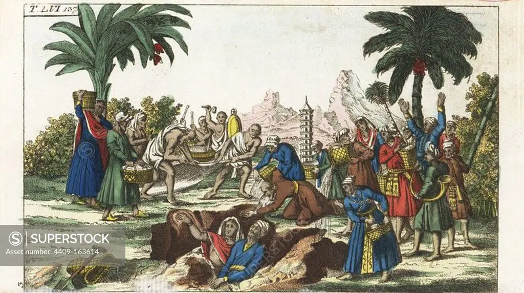 Indian widow buried alive with her dead husband, as her unfortunate relatives and friends bring offerings, and musicians play a dirge. Handcolored copperplate engraving from G. T. Wilhelm's "Encyclopedia of Natural History: Mankind," Augsburg, 1804. Gottlieb Tobias Wilhelm (1758-1811) was a Bavarian clergyman and naturalist known as the German Buffon.