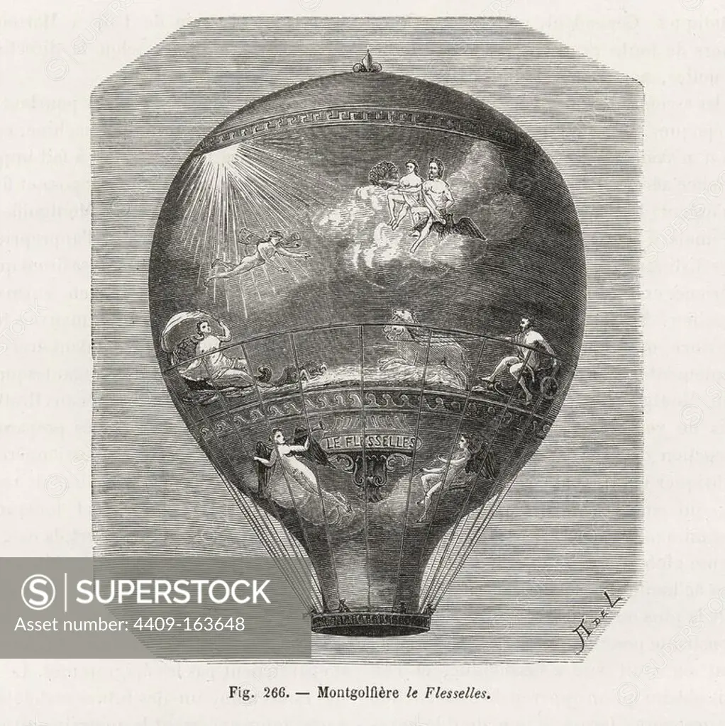 The Montgolfier balloon le Flesselles, 1784. Woodblock engraving by A. de L. from Louis Figuier's "Les Merveilles de la Science: Aerostats" (Marvels of Science: Air Balloons), Furne, Jouvet et Cie, Paris, 1868.