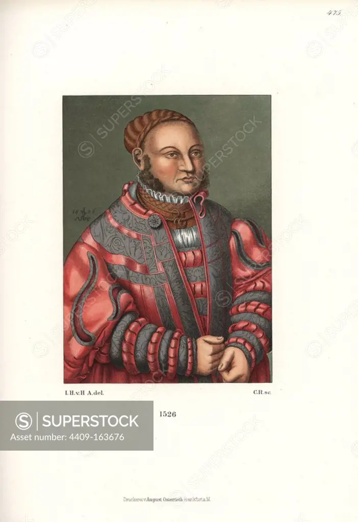 Men's fashion from 1526, depicting the luxurious mode of German princes and nobles, and their peculiar tastes in jewelry, colour and material. From a lifesize oil painting by Lucas Cranach (with his monogram, the flying dragon). Chromolithograph from Hefner-Alteneck's "Costumes, Artworks and Appliances from the Middle Ages to the 17th Century," Frankfurt, 1889. Illustration by Dr. Jakob Heinrich von Hefner-Alteneck, lithographed by C. Regnier. Dr. Hefner-Alteneck (1811 - 1903) was a German museum curator, archaeologist, art historian, illustrator and etcher.