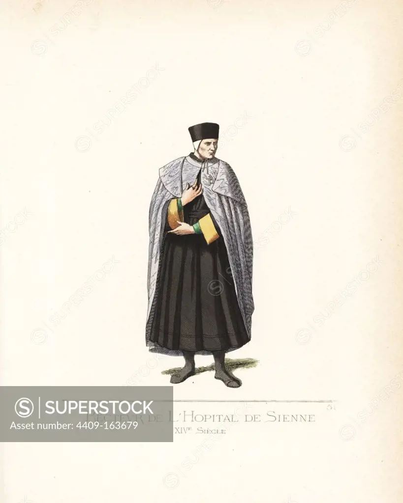 Rector of the hospital of Santa Maria della Scala, Siena, 14th century. He wears a black toque over a white cap, violet silk cape, black robe with yellow cuffs, green doublet, and black shoes. From a fresco "Healing the Sick" by Domenico di Bartolo. Handcoloured illustration drawn and lithographed by Paul Mercuri with text by Camille Bonnard from "Historical Costumes from the 12th to 15th Centuries," Levy Fils, Paris, 1860.