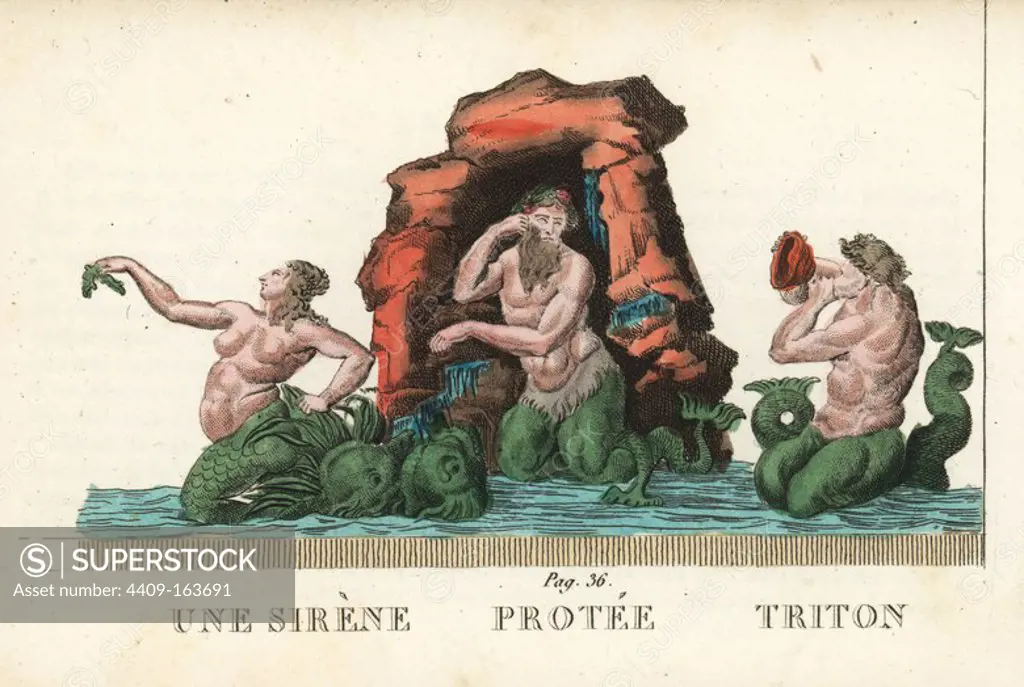 Siren, Proteus and Triton, Greek sea gods. Handcoloured copperplate engraving engraved by Jacques Louis Constant Lacerf after illustrations by Leonard Defraine from "La Mythologie en Estampes" (Mythology in Prints, or Figures of Fabled Gods), Chez P. Blanchard, Paris, c.1820.
