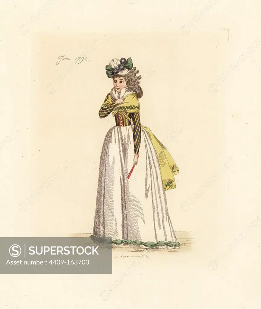 French woman wearing the fashion of June 1792. She wears a bonnet with flowers, wig, fichu (neckerchief), shawl, striped bodice and petticoat with ribbon hem. Handcoloured etching by Auguste Etienne Guillaumot Jr. from "Costumes of the French Revolution, 1790-1793," Bouton, New York, 1889. From the collection of contemporary costume prints of Victorien Sardou.