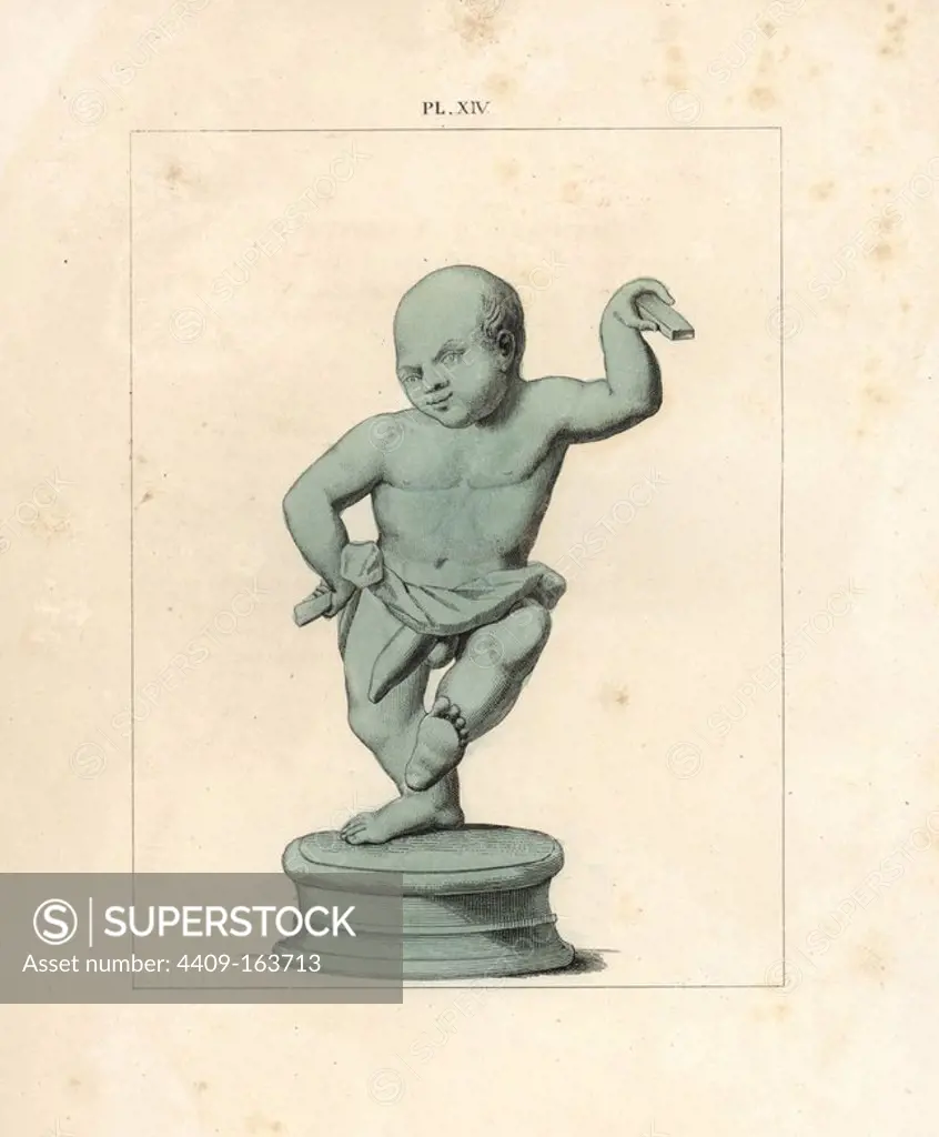 Lascivious dwarf dancer with crotalum, cymbals made of wood or metal, wearing a short tunic that cannot cover his huge penis. Handcoloured lithograph from Cesar Famin's "Musee royal de Naples (The Royal Museum at Naples)," Abel Ledoux, Paris, 1836. This rare volume is a catalog of the collection of erotic paintings, bronzes and statues excavated in Pompeii and Herculaneum and stored in a Secret Cabinet at Naples.