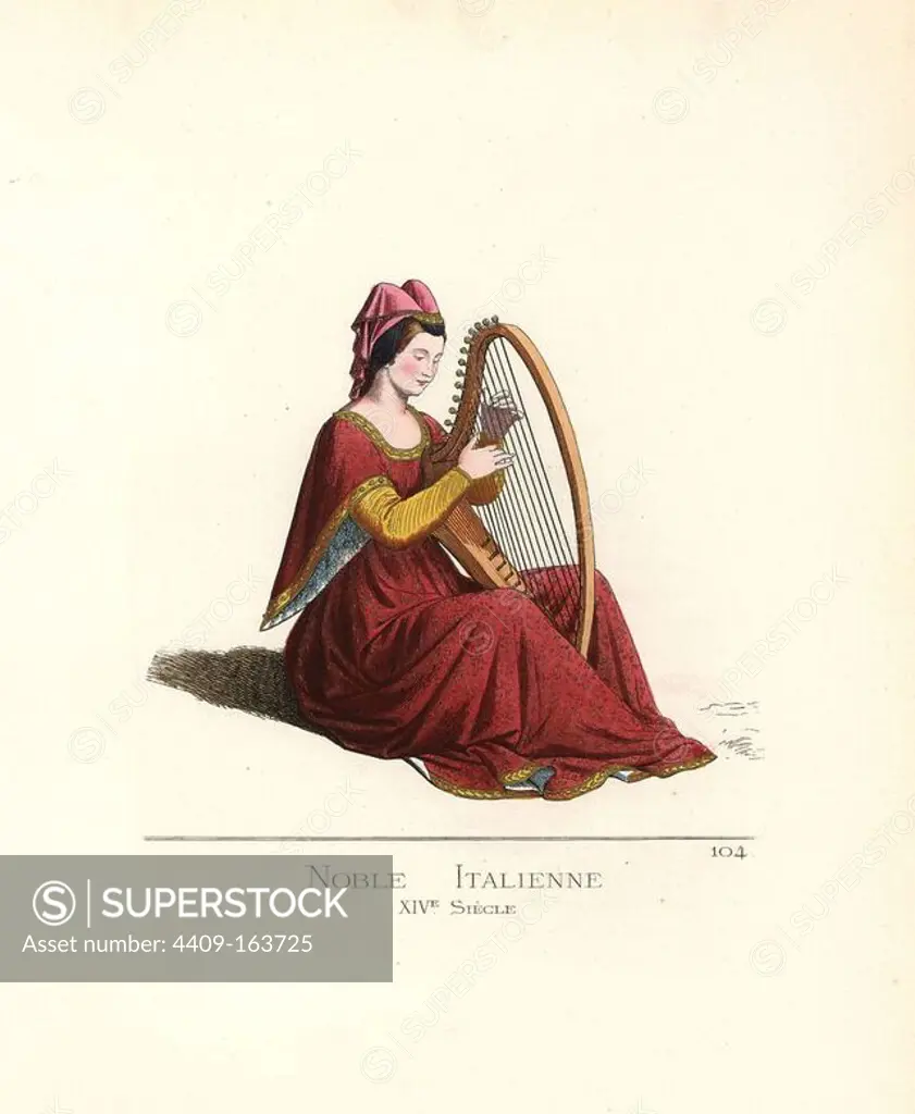 Costume of Italian noble woman playing a harp, 14th century. She wears a pink veil bordered in gold over a black velvet bonnet, a red robe with hanging sleeves over a gold dress. From a painting by Francesco Vanni in the Academy of Fine Arts, Siena. Handcoloured illustration drawn and lithographed by Paul Mercuri with text by Camille Bonnard from "Historical Costumes from the 12th to 15th Centuries," Levy Fils, Paris, 1861.