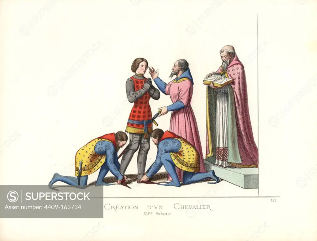 A young man receiving a knighthood, 14th century. The new knight wears a red tabard over a suit of armour. A priest blesses the knight's sword, while other knights in gold tabards and red hoods fix spurs to the knight's shoes. Handcoloured illustration drawn and lithographed by Paul Mercuri with text by Camille Bonnard from "Historical Costumes from the 12th to 15th Centuries," Levy Fils, Paris, 1861.