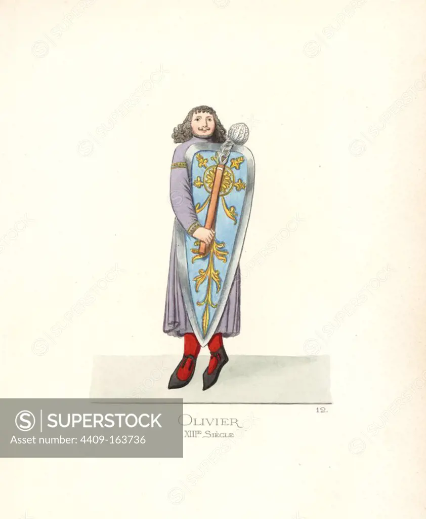The paladin Oliver, or Olivier de Vienne, from the Song of Roland, 13th century. He wears a long tunic, stockings and shoes, large shield and battle mace. From a figure on the portal of Verona Cathedral. Handcoloured illustration drawn and lithographed by Paul Mercuri with text by Camille Bonnard from "Historical Costumes from the 12th to 15th Centuries," Levy Fils, Paris, 1860.