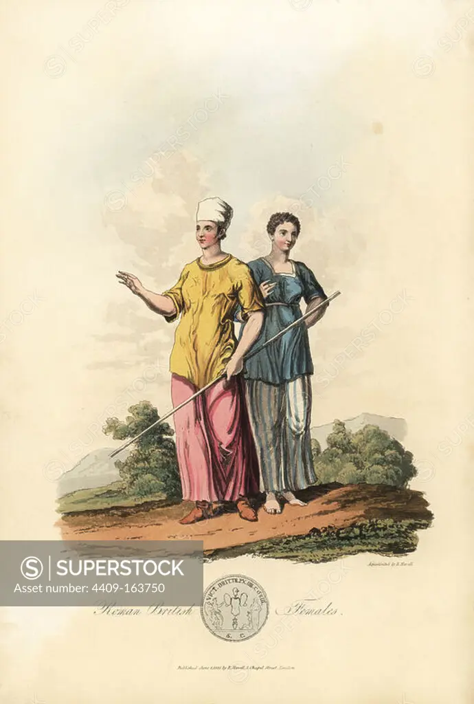 Roman British Females. They both wear the gwn (tunic) in the Roman style over the pais (petticoat). Handcoloured aquatint by R. Havell from an illustration by Charles Hamilton Smith from Samuel Meyrick's Costume of the Original Inhabitants of the British Islands, London, 1821.