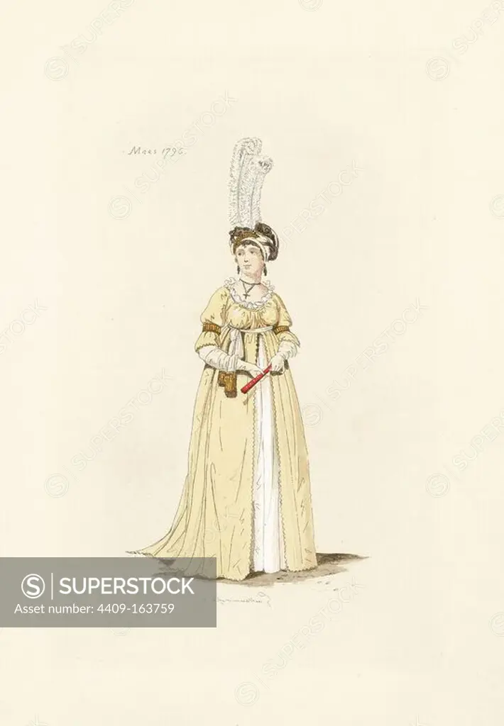 English woman in the fashion of March 1796. She wears a headress with upright feathers, ball gown with ribbon tied under the bust, front open to show petticoat. Handcoloured etching by Auguste Etienne Guillaumot Jr. from "English Costumes during the Revolution and First Empire, 1795-1806," Levy, Paris, 1879.