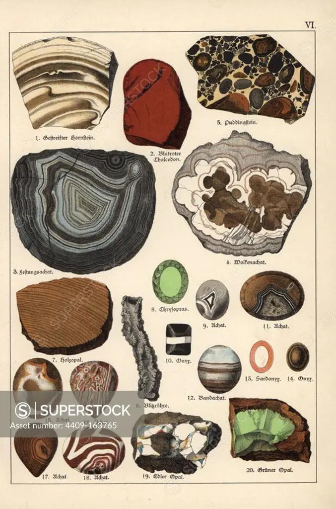 Precious stones and crystals including conglomerate, fortification agate, cloudy agate, chrysoprase, agate, banded agate, onyx, wood opal, fulgurites, sardonyx and opal. Chromolithograph from Dr. Aldolph Kenngott's "Mineralogy" section in Gotthilf Heinrich von Schubert's "Naturgeschichte," Schreiber, Munich, 1886.