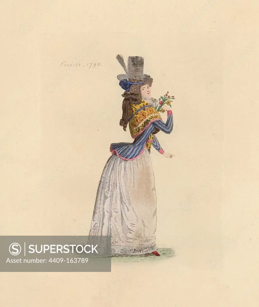 French woman wearing the fashion of February 1790. She wears a royalist top hat, full wig, large fichu (neckerchief) and fitted jacket over a wide skirt. Handcoloured etching by Auguste Etienne Guillaumot Jr. from "Costumes of the French Revolution, 1790-1793," Bouton, New York, 1889. From the collection of contemporary costume prints of Victorien Sardou.
