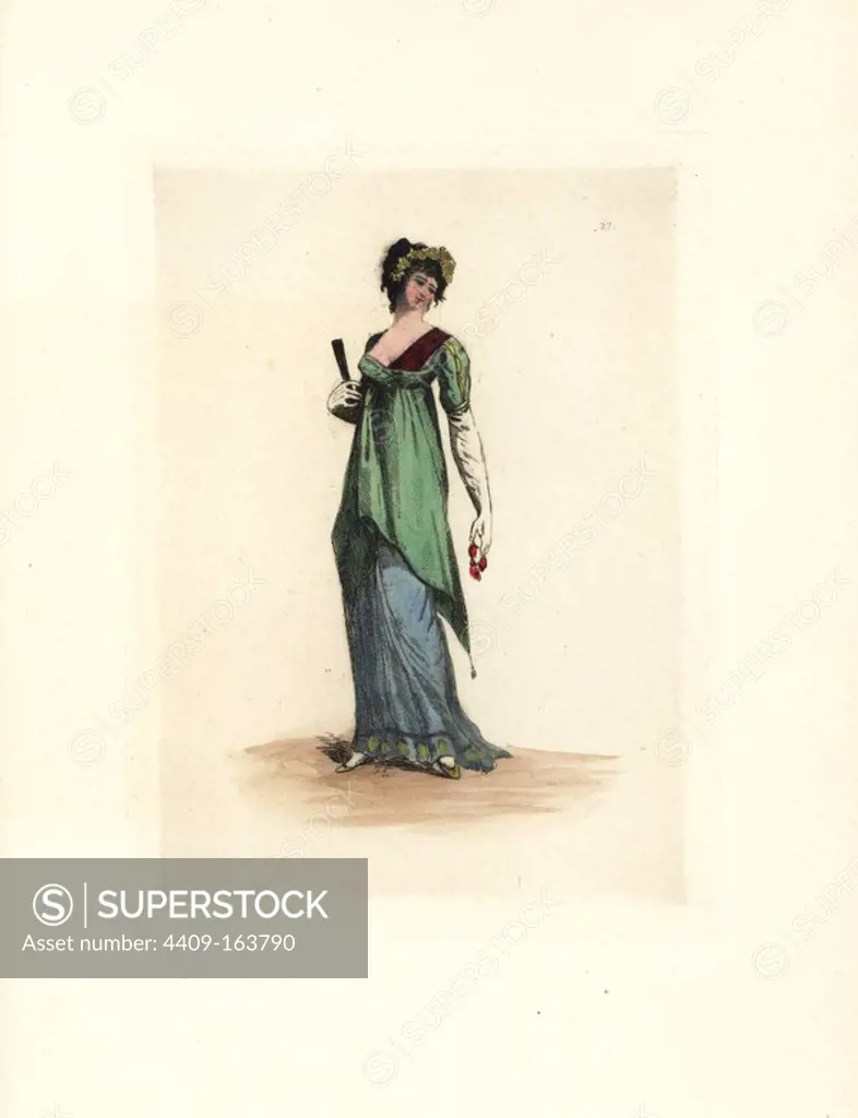 Costume of a merveilleuse, habitue of the galeries de bois in the Palais Royale, Paris. She wears a headdress of flowers, a silk peplum over a tartalan dress with gold crescents at the hem. A silk scarf is worn under the peplum over the left breast. Handcoloured etching by Auguste Etienne Guillaumot Jr. from "Costumes of the Directory," Rouquette, Paris, 1875. The etchings were made from designs by Eugene Lacoste and Draner after prints of the era 1795-99. The costumes are from theatre productions "Merveilleuses" and "Pres Saint-Gervais" by Victorien Sardou.