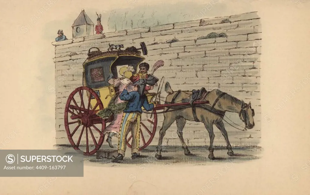 Passengers boarding a pot de chambre (hackney cab) near the Tuileries Garden, circa 1815. Handcoloured copperplate engraving from Benjamin Rotch's "Manners and Customs of the French," London, Sotheran, 1893.