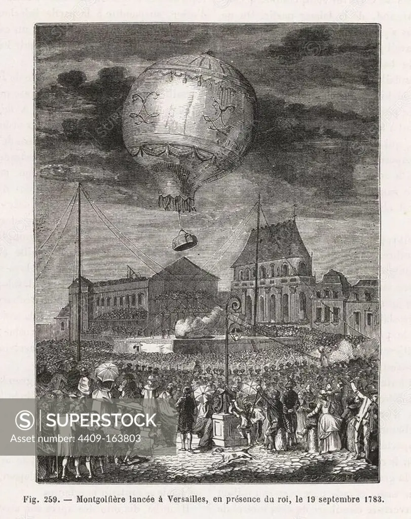 The Montgolfier brothers' balloon launch from Versailles in the presence of the king, September 1783. Woodblock engraving by E. Deschamps from Louis Figuier's "Les Merveilles de la Science: Aerostats" (Marvels of Science: Air Balloons), Furne, Jouvet et Cie, Paris, 1868.
