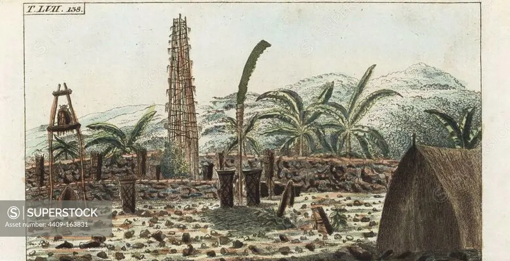 Burial grounds on Hawaii (Sandwich Islands). Handcolored copperplate engraving from G. T. Wilhelm's "Encyclopedia of Natural History: Mankind," Augsburg, 1804. Gottlieb Tobias Wilhelm (1758-1811) was a Bavarian clergyman and naturalist known as the German Buffon.