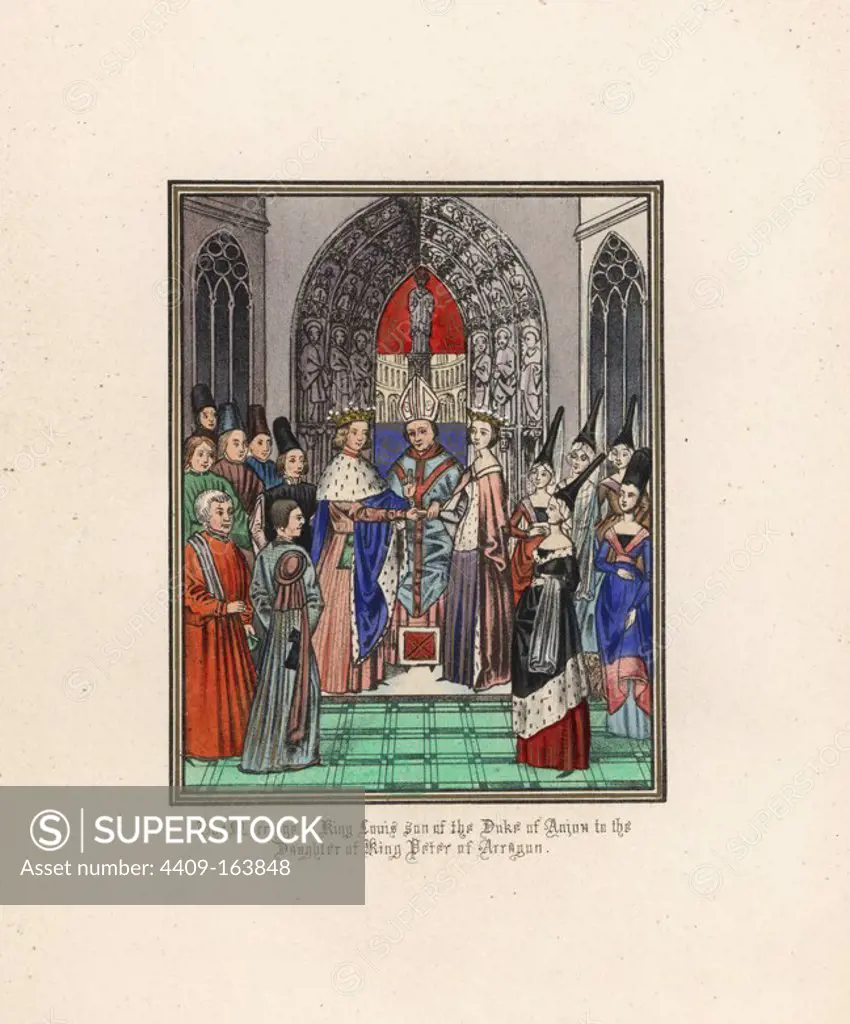 The marriage of King Louis II of Naples, son of the Duke of Anjou, to Yolande, daughter of King Peter of Aragon, 1400. Handcoloured lithograph after an illuminated manuscript from Sir John Froissart's "Chronicles of England, France, Spain and the Adjoining Countries, from the Latter Part of the Reign of Edward II to the Coronation of Henry IV," George Routledge, London, 1868.