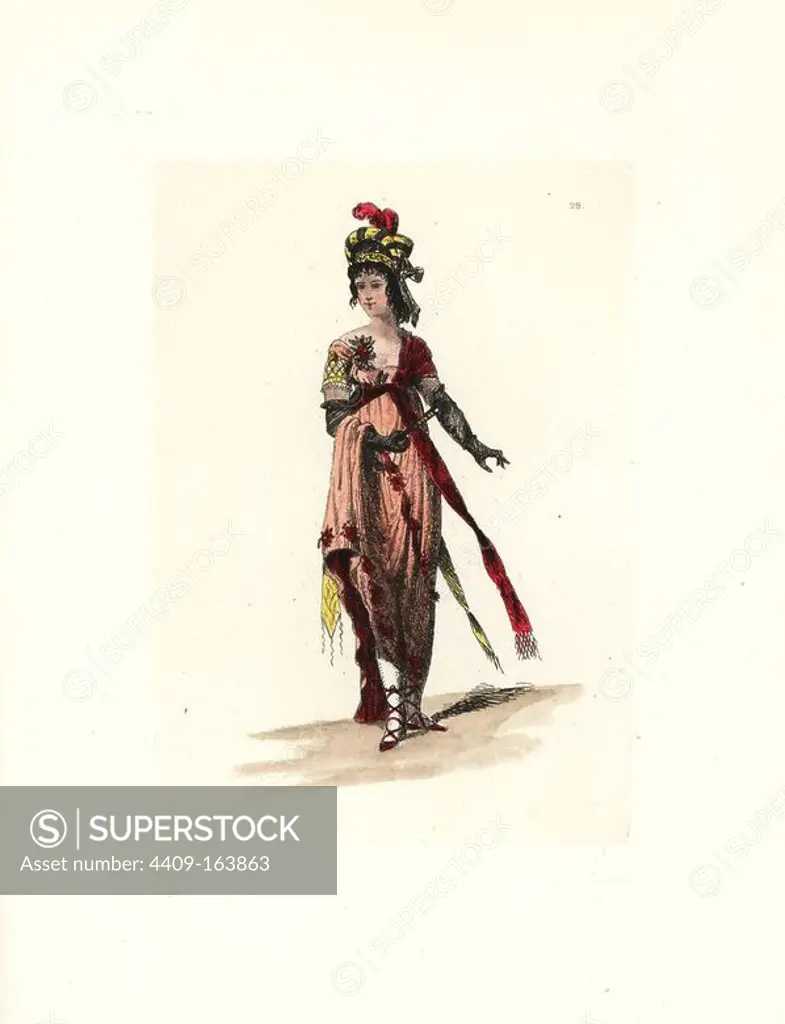 Costume of a bourgeois woman, dressed as merveilleuse. She wears a turban of silk surmounted with feathers, pink dress decorated with flowers and ribbons, scarf over her shoulder, and laced sandals. Handcoloured etching by Auguste Etienne Guillaumot Jr. from "Costumes of the Directory," Rouquette, Paris, 1875. The etchings were made from designs by Eugene Lacoste and Draner after prints of the era 1795-99. The costumes are from theatre productions "Merveilleuses" and "Pres Saint-Gervais" by Victorien Sardou.