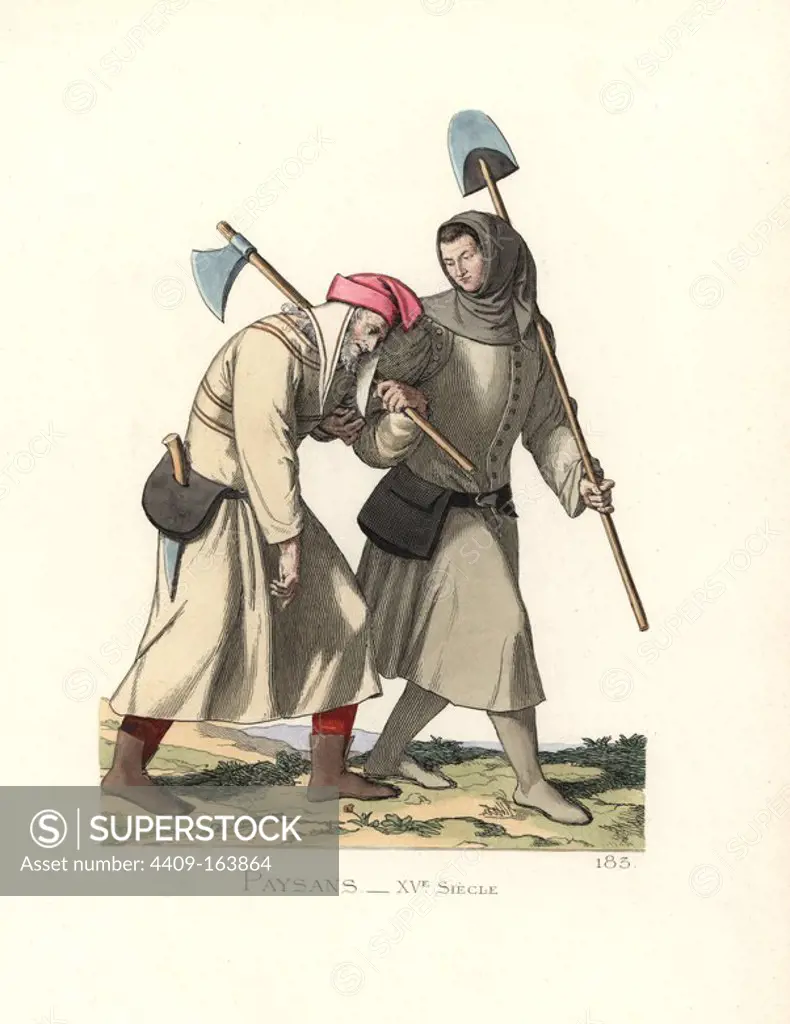 Costume of Italian peasants, 15th century. The man on the right wears a grey hood, tunic and boots, with black belt and purse. The figure on the left wears a crimson bonnet, off-white tunic, black belt, red stockings and brown leather boots. From a miniature in an ancient manuscript. Handcoloured illustration drawn and lithographed by Paul Mercuri with text by Camille Bonnard from "Historical Costumes from the 12th to 15th Centuries," Levy Fils, Paris, 1861.