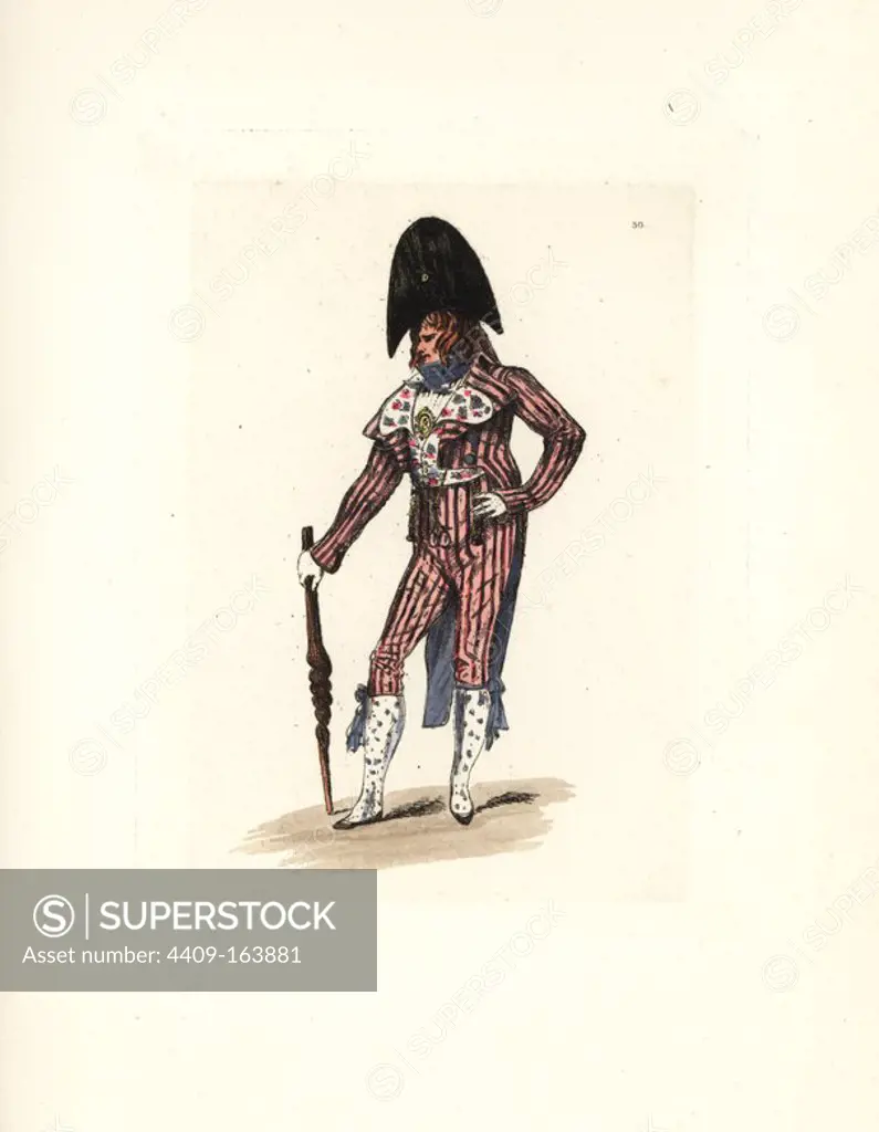 Costume of an Incroyable. Second costume of Lagorille, dressed for a gala. Tall claque hat (bicorn), perruque (wig) suit of striped silk, cravat, gilet (waistcoat) with flowers, garters. He carries a cudgel. Handcoloured etching by Auguste Etienne Guillaumot Jr. from "Costumes of the Directory," Rouquette, Paris, 1875. The etchings were made from designs by Eugene Lacoste and Draner after prints of the era 1795-99. The costumes are from theatre productions "Merveilleuses" and "Pres Saint-Gervais" by Victorien Sardou.