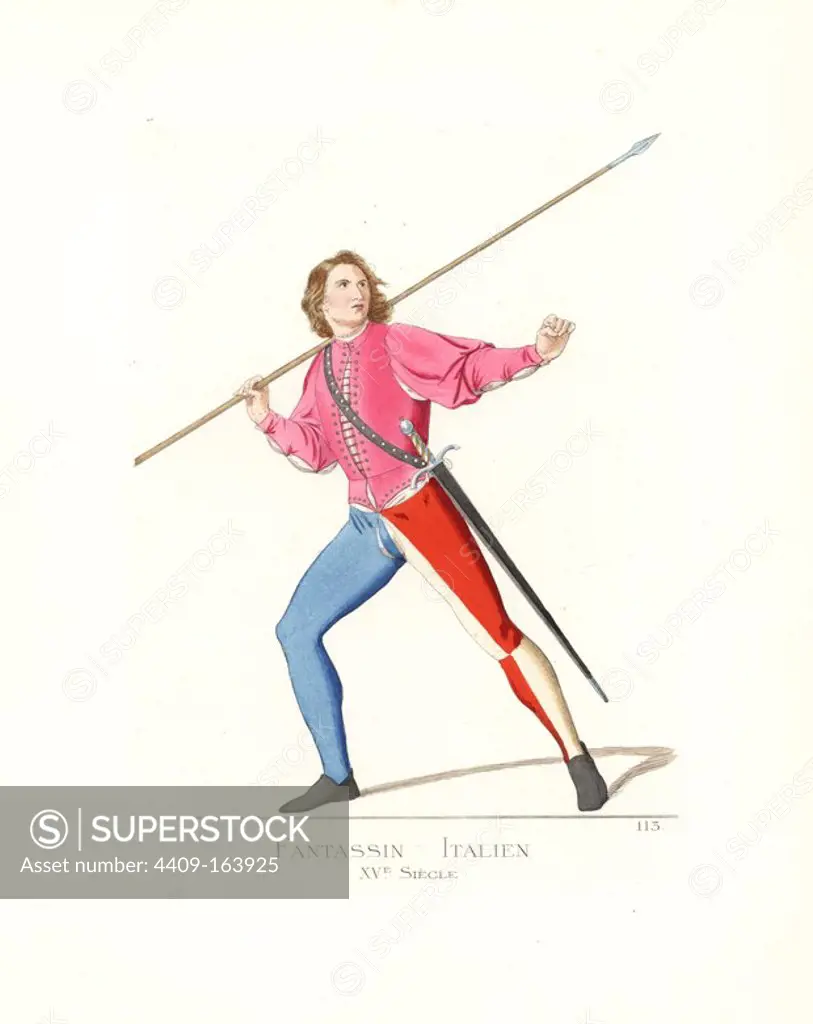 Italian infantry soldier with lance and sword, 15th century. He wears a laced, pink velvet doublet over a white shirt, brayette (codpiece), stockings of blue and red/white, black shoes. Sword with gold grip and black scabbard. From a miniature in the great Bible of the Duke of Urbino. Handcoloured illustration drawn and lithographed by Paul Mercuri with text by Camille Bonnard from "Historical Costumes from the 12th to 15th Centuries," Levy Fils, Paris, 1861.