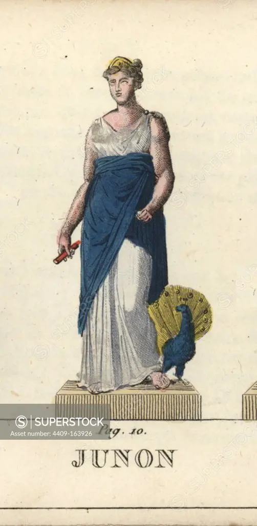 Juno, queen of the gods, Roman goddess of matrimony, with a peacock at her feet. Handcoloured copperplate engraving engraved by Jacques Louis Constant Lacerf after illustrations by Leonard Defraine from "La Mythologie en Estampes" (Mythology in Prints, or Figures of Fabled Gods), Chez P. Blanchard, Paris, c.1820.