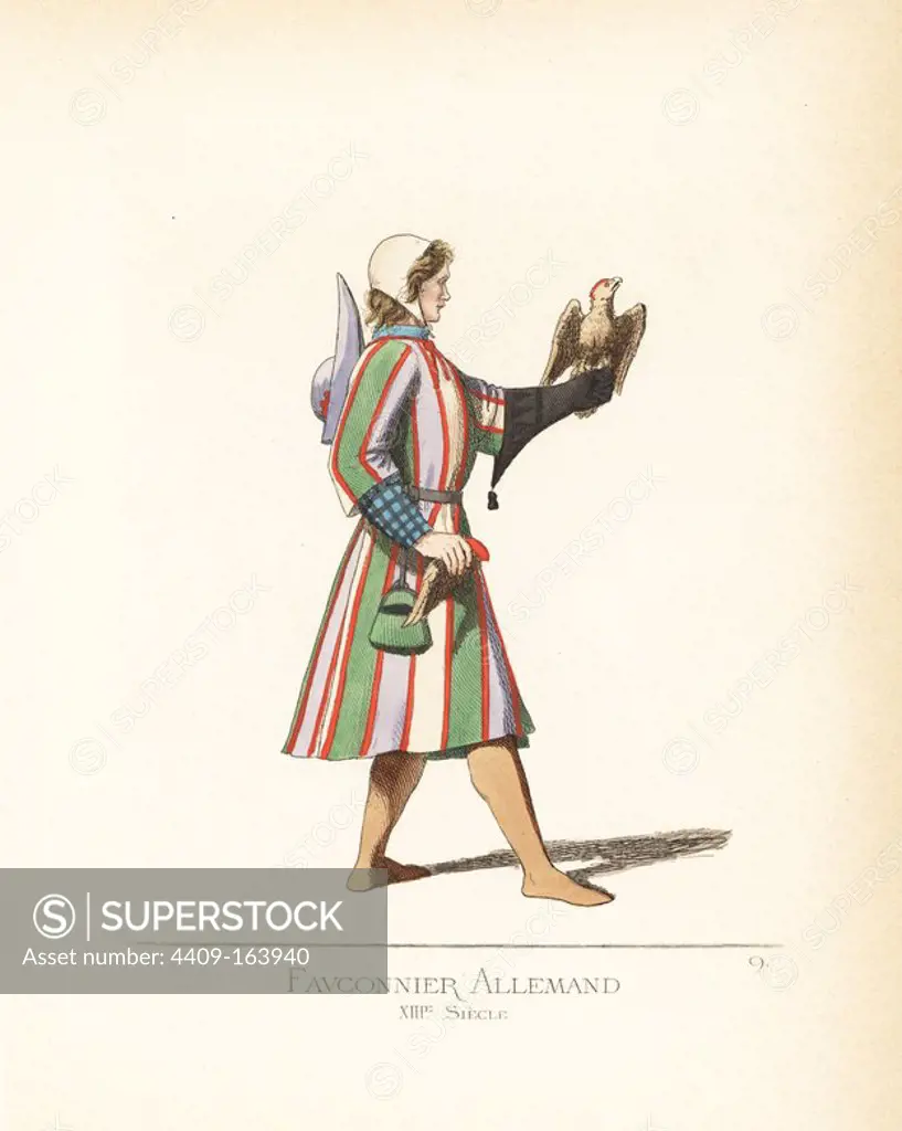 German falconer, 13th century. He wears a white cap, striped tunic, checked sleeves, stockings, black belt and green purse. He holds a falcon on a gauntlet, and a scarlet hood in his right. From Frederick II's treatise on falconry, De Arte Venandi cum Avibus. Handcoloured illustration drawn and lithographed by Paul Mercuri with text by Camille Bonnard from "Historical Costumes from the 12th to 15th Centuries," Levy Fils, Paris, 1860.