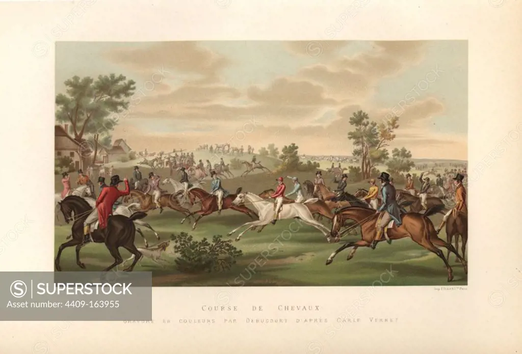 French fox hunt on horseback, circa 1800. Drawn by Carle Vernet, chromolithograph by Gaulard from Paul Lacroix's "Directoire, Consulat et Empire," Paris, 1884.