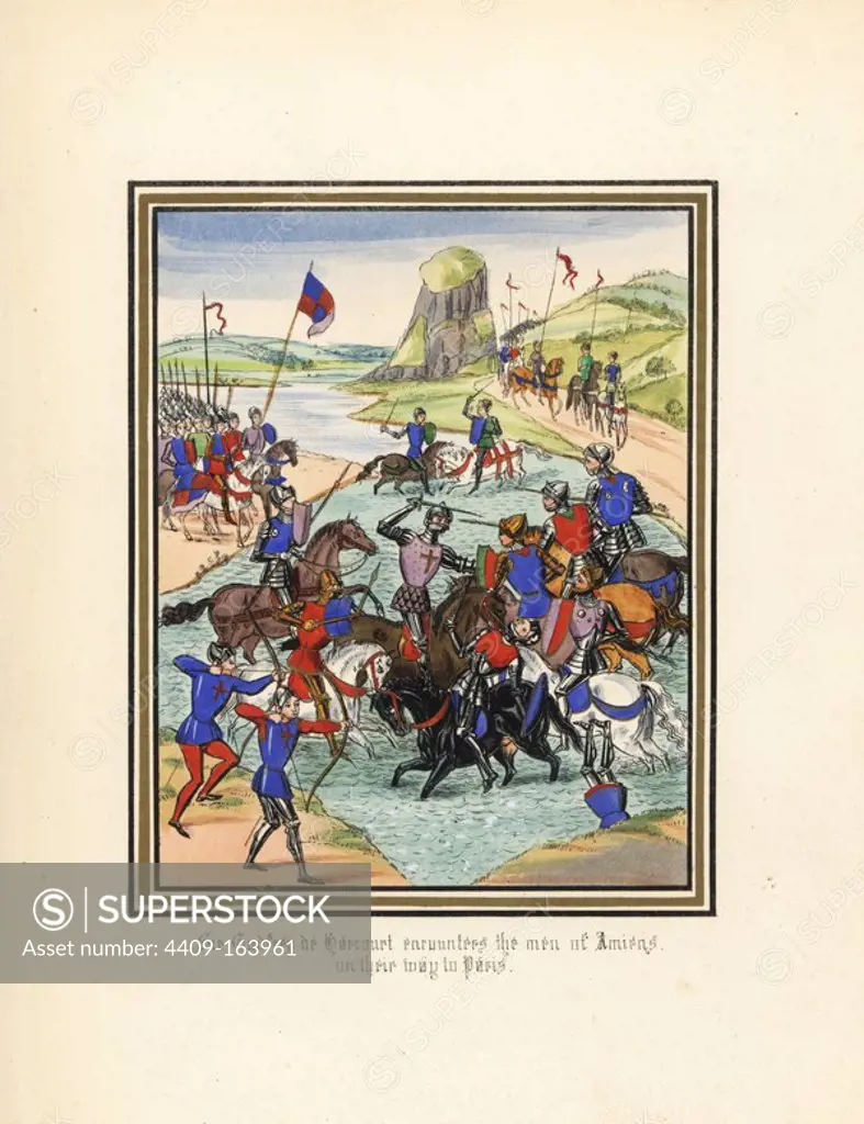 Sir Godfrey de Harcourt and his knights defeat the men of Amiens on their way to Paris, 1346 Crecy Campaign, 100 Years War. Handcoloured lithograph after an illuminated manuscript from Sir John Froissart's "Chronicles of England, France, Spain and the Adjoining Countries, from the Latter Part of the Reign of Edward II to the Coronation of Henry IV," George Routledge, London, 1868.