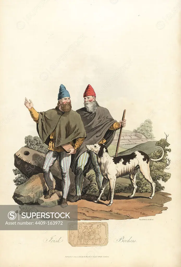 Irish Brehons and Filidhs or judges, of the Roman era, with Irish wolf-hound. Brehon in cloak, coat, pantaloons, biorrad (cap), carrying laws engraved on bark. With Filidh, assistant judge, similarly attired. Handcoloured aquatint by R. Havell from an illustration by Charles Hamilton Smith from Samuel Meyrick's Costume of the Original Inhabitants of the British Islands, London, 1821.